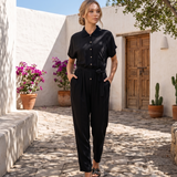 Salopetă din vâscoză cu pantalon conic și cordon în talie negru