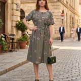 Rochie in print floral cu cordon-Grej