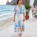 Rochie midi plisată din material fin cu imprimeu floral acuarelat bleu