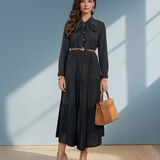 Rochie lungă cu legătură la guler și curea negru