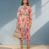 Rochie plisată cu legătură la guler și curea roz roz-flori