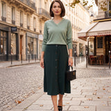 Fustă midi din tricot cu lână şi caşmir şi nasturi verde