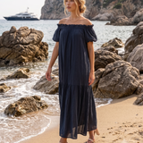 Rochie largă cu mânecă bufantă bleumarin