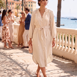 Rochie lungă din in cu flori aplicate beige