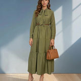 Rochie lungă cu legătură la guler și curea kaki