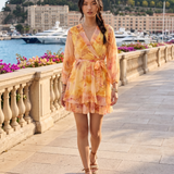 Rochie scurtă din voal cu print floral galben