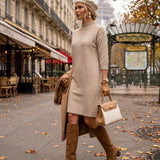 Rochie midi din tricot cu guler înalt crem