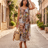 Rochie din mătase despicată în părți cu print maro