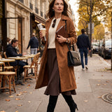 Trench lung cu aspect de piele întoarsă şi cordon camel