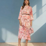 Rochie plisată cu legătură la guler și curea roz roz