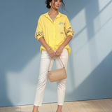 Bluză din bumbac cu dantelă florală la mâneci galben