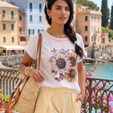 Tricou din in și bumbac cu print alb-portocaliu