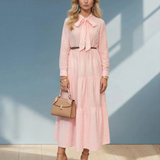 Rochie lungă cu legătură la guler și curea roz