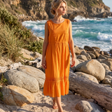 Rochie midi din bumbac cu broderie ajurată în talie portocaliu