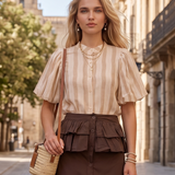 Cămașă cu dungi și mânecă bufantă beige