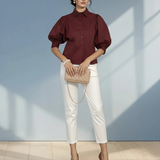 Cămașă poplin mâneci 3/4 bufante grena