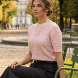 Pulover cu mânecă scurtă din tricot cu perle aplicate roz
