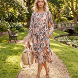 Rochie cu print oriental și buzunare caramiziu