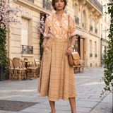 Fustă lungă cloș cu buzunare și carouri mustar