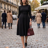 Rochie midi evazată cu mânecă lungă maro