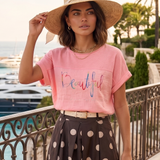 Tricou din in și bumbac cu print Beautiful roz