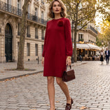 Rochie din tricot fin cu mâneci bufante şi floare aplicată roşu