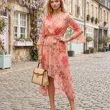 Rochie asimetrică din voal cu print floral și cordon roz