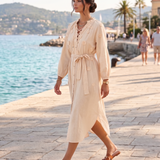 Rochie lungă din in cu flori aplicate beige