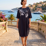 Rochie cu floare brodată în partea de sus negru-alb