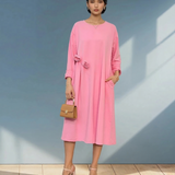 Rochie din bumbac cu flori aplicate și buzunare roz