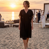 Rochie midi din tencel cu mâneci fluture și talie înaltă negru