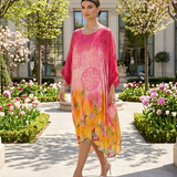 Rochie lungă din mix mătase cu print flora ciclam