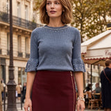 Pulover din tricot cu perle şi mâneci evazate albastru