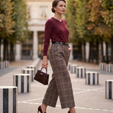 Pantaloni largi în carouri cu curea și buzunare bleumarin