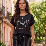 Tricou din in și bumbac cu print Beautiful negru