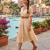 Rochie lungă cu buline mici și curea beige