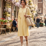 Rochie din bumbac cu flori aplicate și buzunare galben