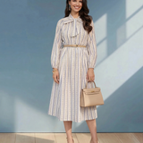 Rochie cu print dungi și flori și curea albastru