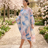 Rochie lungă din mix mătase cu print flora albastru