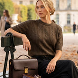 Pulover cu mânecă scurtă din tricot cu perle aplicate kaki