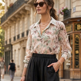 Bluză plisată cu print floral și mânecă lungă verde