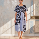 Rochie cu mânecă scurtă și print frunze albastru
