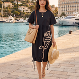 Rochie midi din bumbac cu trandafir croșetat negru-alb