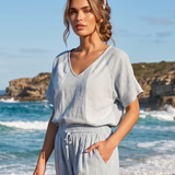 Bluză din in cu broderie elegantă bleu