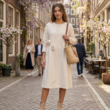 Rochie din bumbac cu flori aplicate și buzunare crem