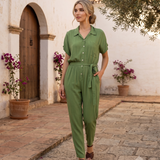 Salopetă din vâscoză cu pantalon conic și cordon în talie verde