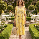 Rochie din in cu umeri goi și print galben