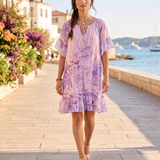 Rochie vaporoasă florală cu volan și mâneci 3/4 lila