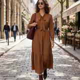 Rochie lungă cu legătură la guler și curea maro