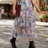 Fustă lungă cu volane și print floral bleu